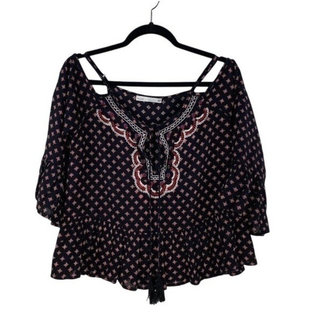 inLUV Women Medium Black Embroidered Cold Shoulder Peplum Top Boho‎ Geometric